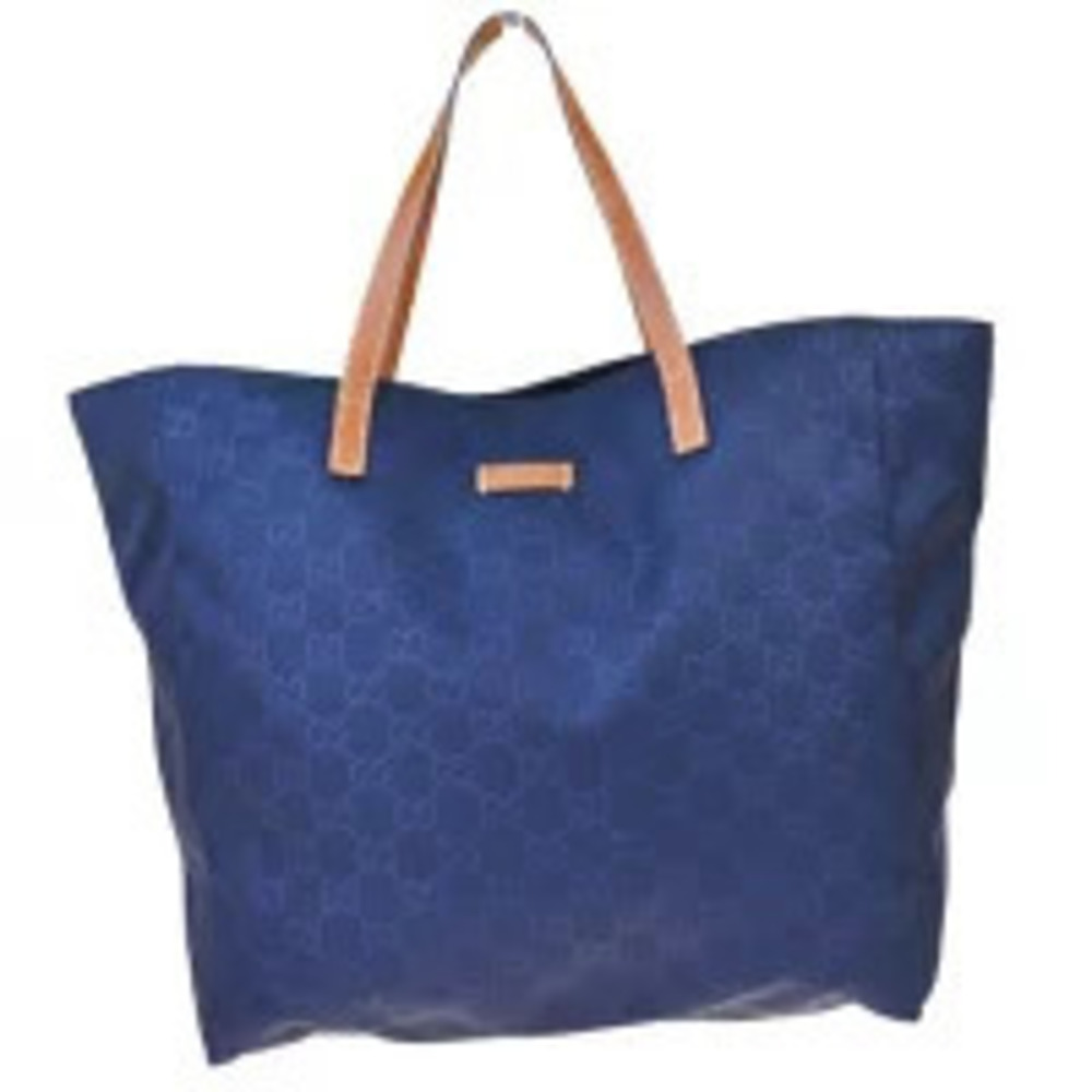 Gucci Tote Bag Handbag GG Navy Blue Brown Leather